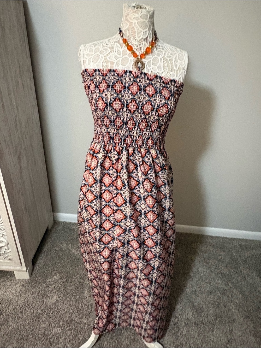 Smocked Strapless Maxi Dress in Coral and Navy